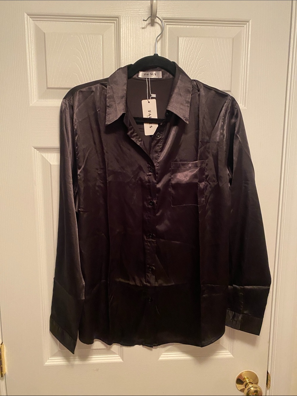 Pausus Black Satin Button Down Dress Blouse …